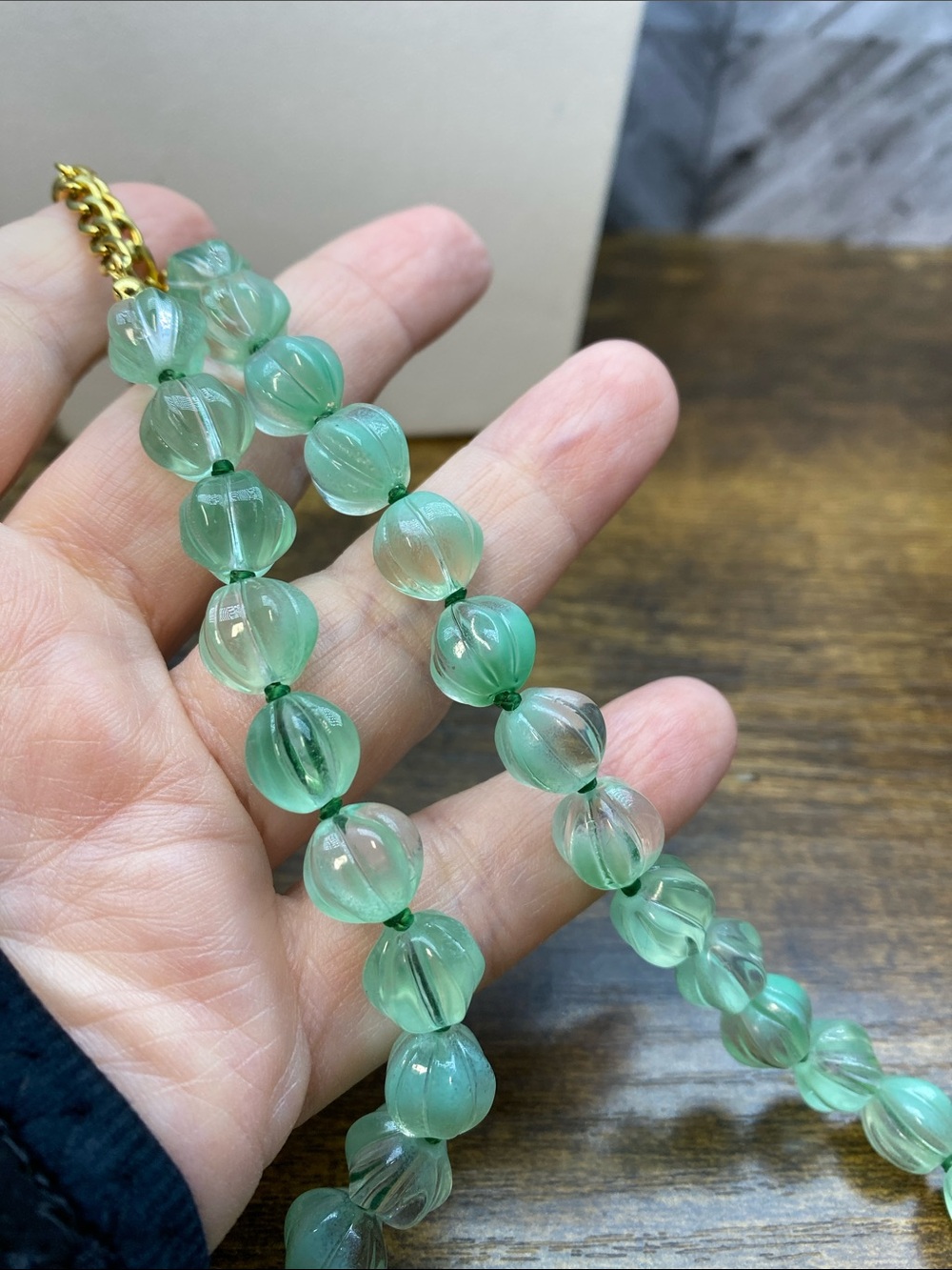 Pumpkin Green Glass Bead Necklace 18 inch Aprilsplace hand knotted - Picture 3 of 5